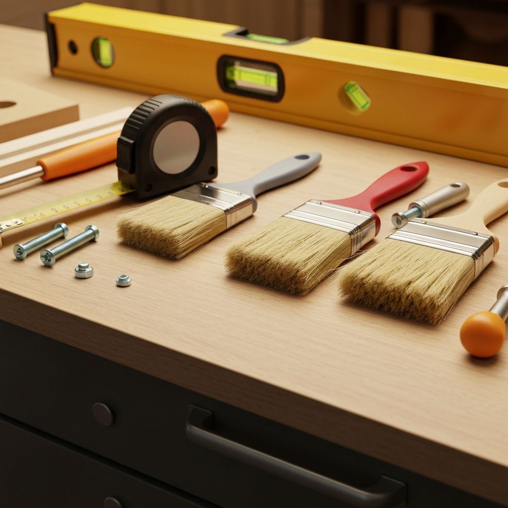 Professional home service tools and materials laid out on a workbench